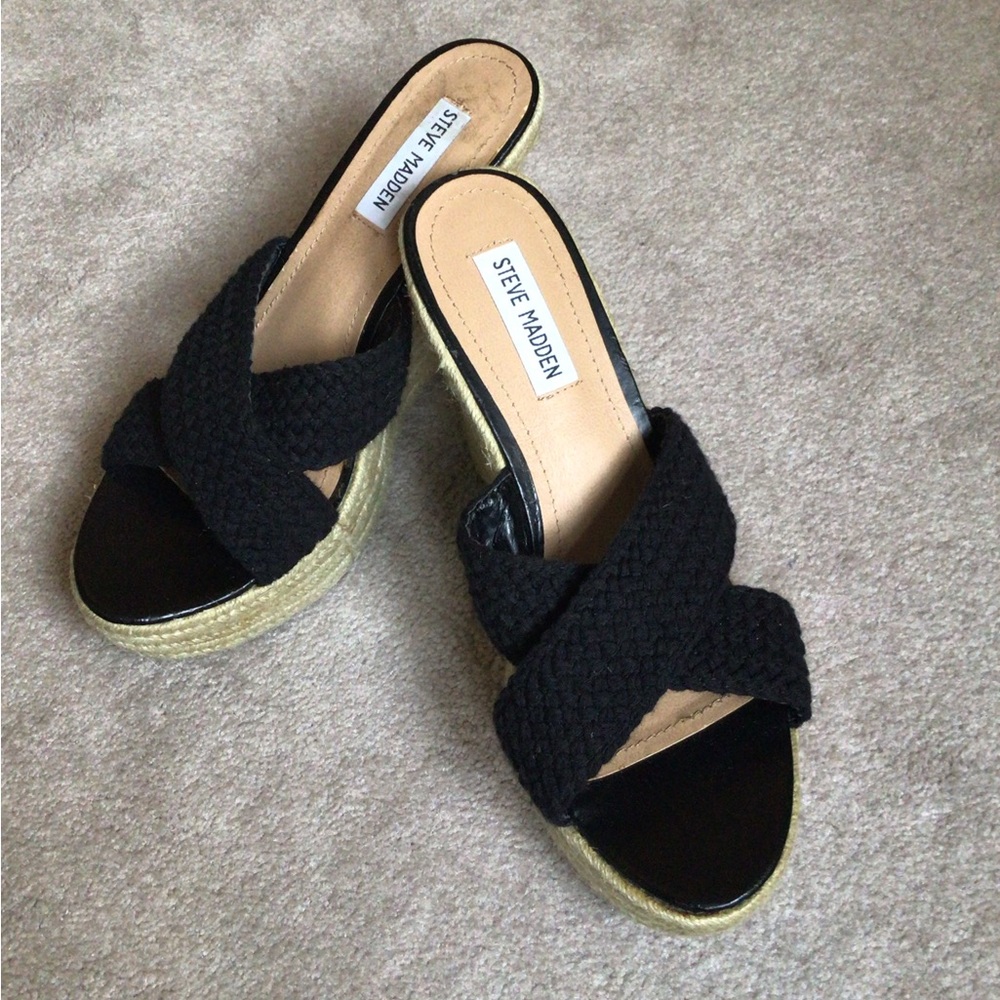 Steve Madden Black Canvas Super Wedge Espadrilles